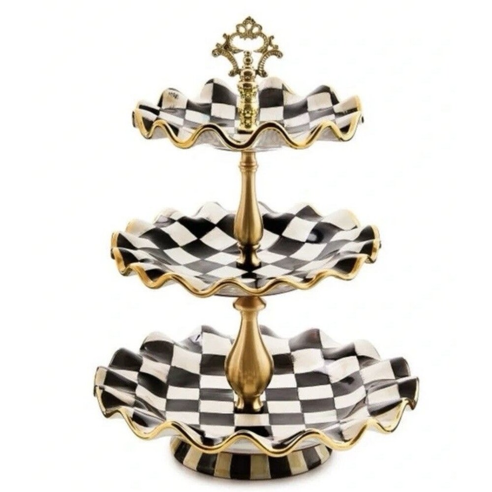 MacKenzie-Childs Courtly Check 3 Tier Sweet Stand Ceramic Gold 17”